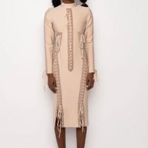 Akira Nude With Taupe Trim Corset Lace-up Bodycon Dress Size L